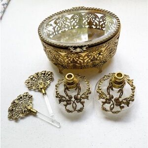 Oval Vintage 24k gold plated Ormolu filigree Jewelry Box And 2 Perfume Bottles